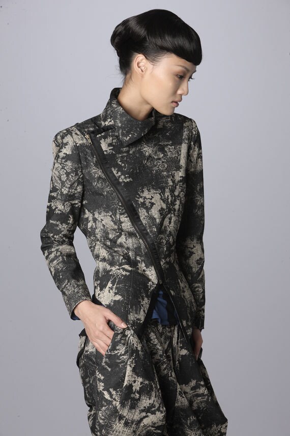 Print Biker With Asymmetric Zip Jacket