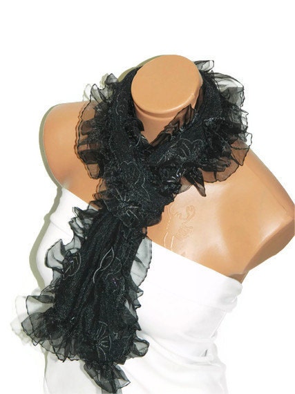 Womens shawl, scarves. Black Frilly, fancy flower pattern sim. wedding,bridal,authentic, romantic, elegant