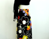 70s Polyester Long Skirt Black With Bold Colorful Flower Print