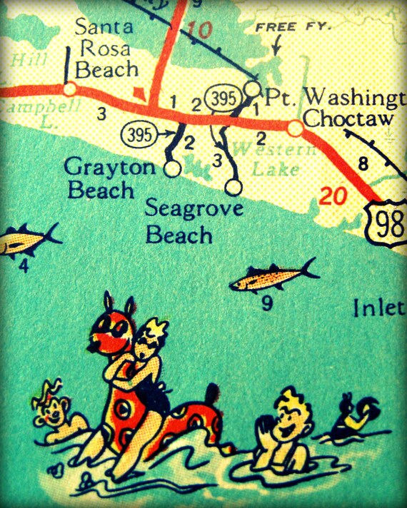 Beach House Art vintage 30A map 11x14 photo Seagrove Grayton FLORIDA print red aqua vacation travel Seaside picture nostalgia