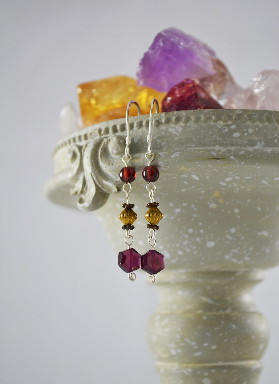 CLOSING SALE 10% OFF Garnet and Gold Beaded Earrings, Sterling Silver Earrings, Boho Gemstone Earrings