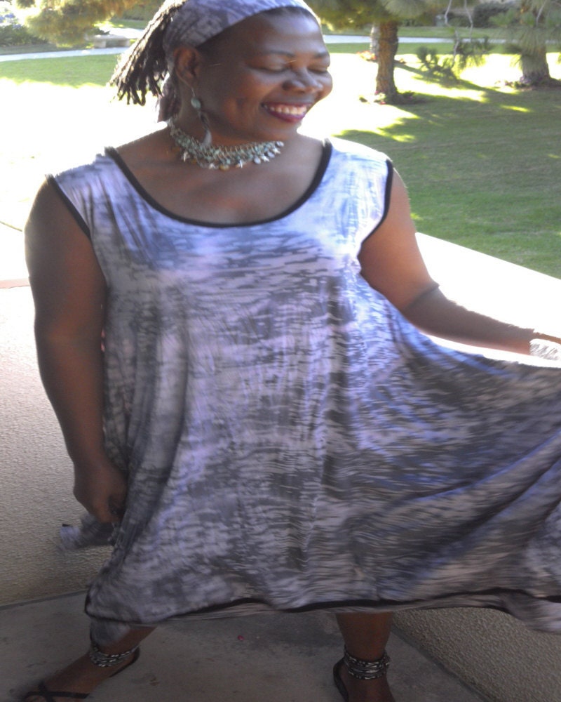 Women's Plus Size Black tie dyed layered jersey maxi dress with matching head wrap - asymmetrical hem - contrast trim - size 1X - 3X