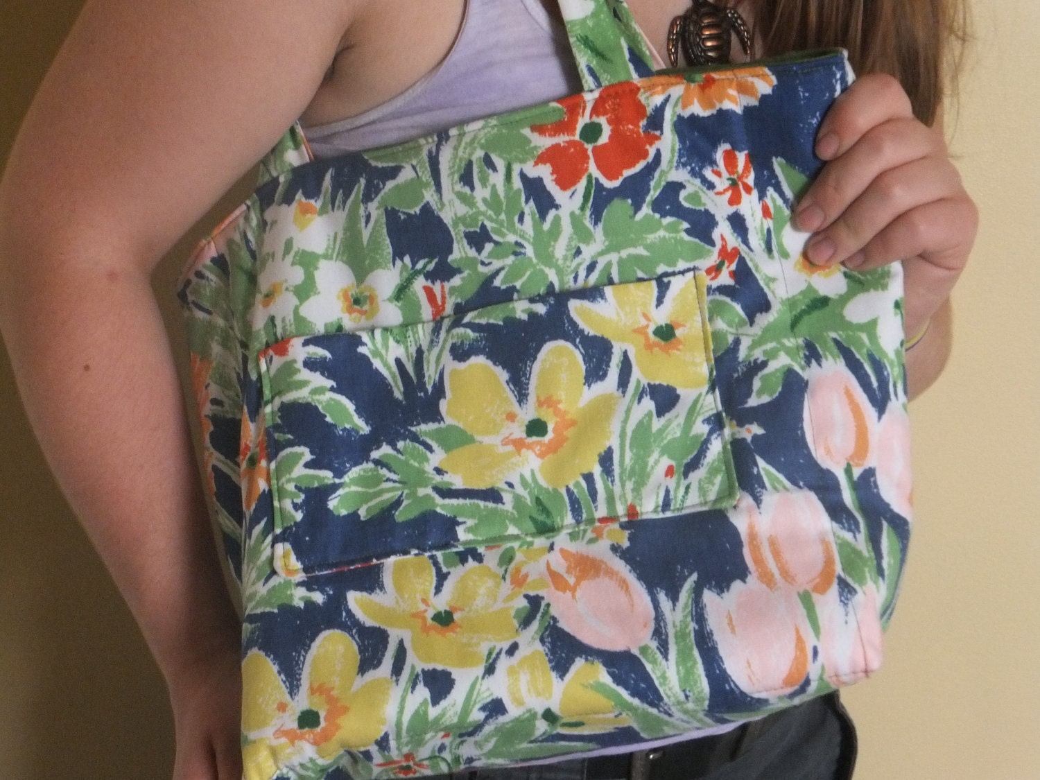 Blue Bold Flower Medium Tote In Shades Of Yellow, Pink, Orange and Green