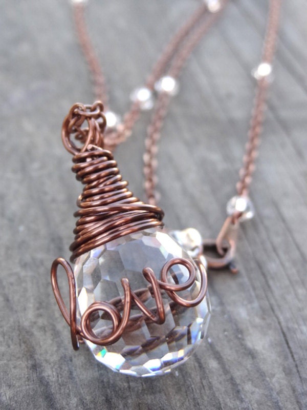 Copper LOVE Wire Wrap Crystal Ring Necklace Wire Writing Pendant with removable handmade Ring