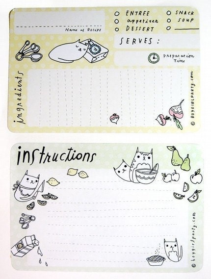 CAT Recipe Cards -  unique kawaii cute cat illustrations - 4x6 gift for mom chef vegan