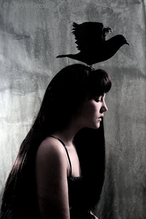 From Such Great Heights - FREE SHIPPING - Girl Black Bird Crow Raven Gray Blue Silhouette Texture Spots Silver Head Surreal Creepy Portrait