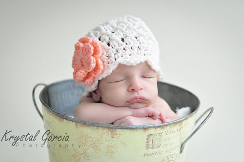 Baby Hat, Crochet Hat, Child Hat, Newborn Shell Beanie with Flowers -ivory, tea rose, Free US Shipping, baby girl hat