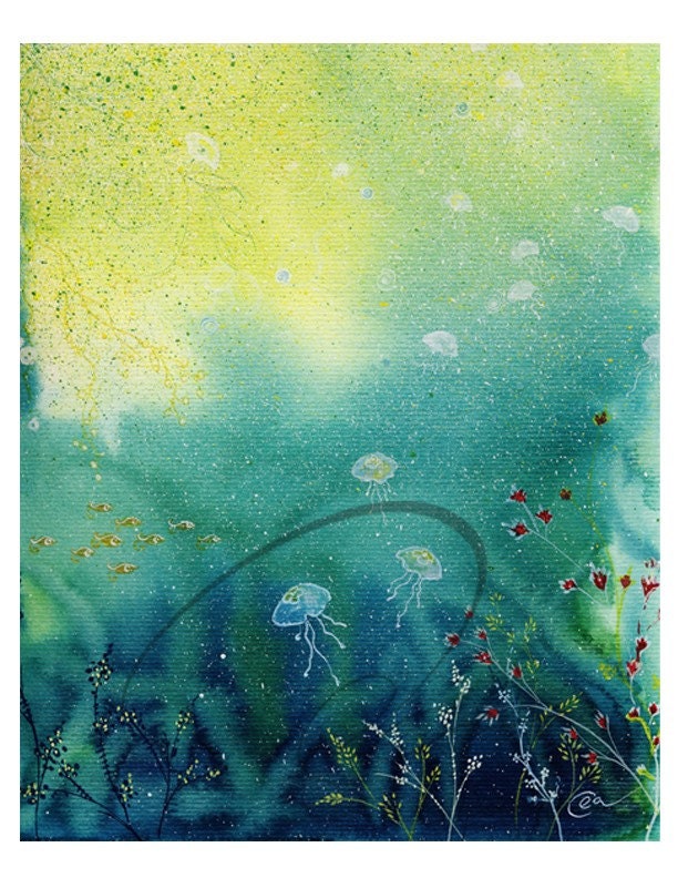 Through Light - Art Print jellyfish bathroom decor watercolor deep blue ocean sunlight home office bedroom decorating ideas Oladesign 11x14