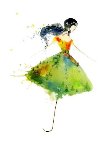 The Twist - Art Print umbrella girl free spirit woman spring fashion design sketch rain forest mountain watercolor painting Oladesign 8x10