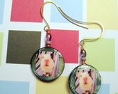 Gray Dyed Shell BABY GUINEA PIG Earrings - Handmade Photo Jewelry with Purple Luster Glass, Copper Wire Wrapping & Gold Earwires