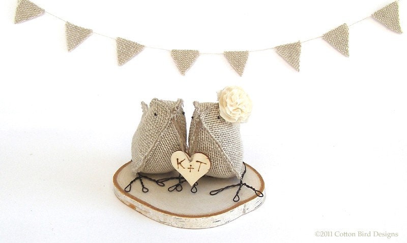 Burlap Wedding Fabric Birds Woodland Wedding Spring Summer Weddings Cake Topper Love Birds Rustic Birds Wedding Cake Topper