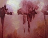 Abstract landscape painting, original oil, dusty rose to wine dark and russet,  oil on wood panel, 16 x 12 inches