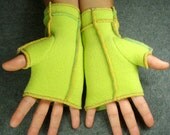 size SMALL, Lime Green Recycled Fleece Fingerless Gloves, Bright multicolored thread, soft and cozy