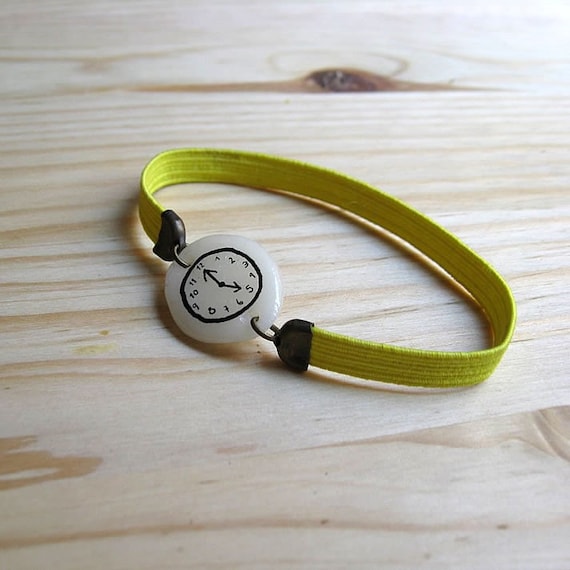 YELLOW FLUOR Fake watch with elastic watchband bracelet. Porcelain toy clock
