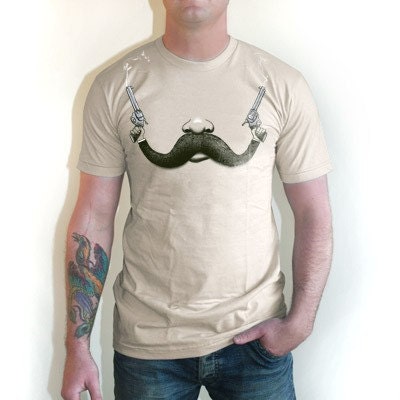 Mustache Shirt, Cowboy, Guns, Mens Tee, Creme, American Apparel, Available S M L XL XXL