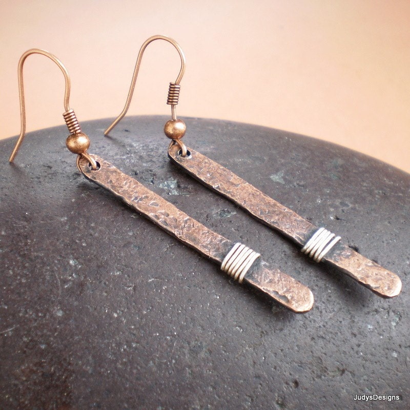 Hammered copper earrings, wire wrapped with sterling silver, L2