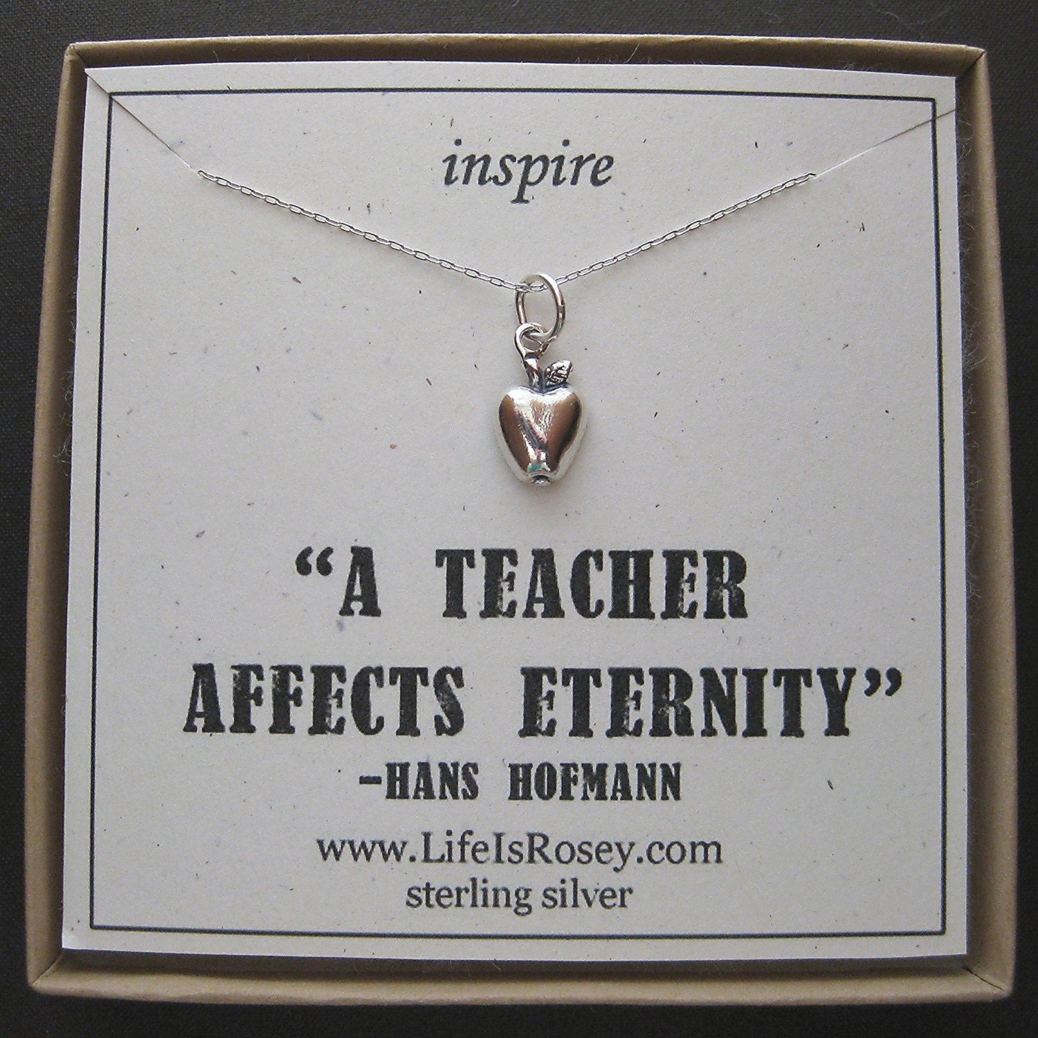 Teacher Present - Apple Necklace - Gift for Teacher - Sterling Silver Quote Card Neclace - A Life Is Rosey Original