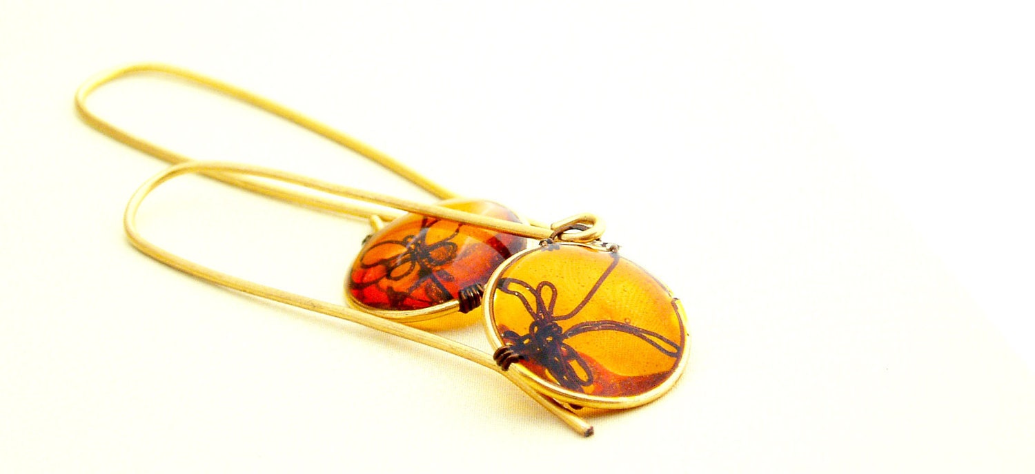 Amber Dragonfly 14K Gold Filled Earrings. Dragonfly Earrings. Dangle Earrings. Drop Earrings. Dangle Earrings. Long Earrings.