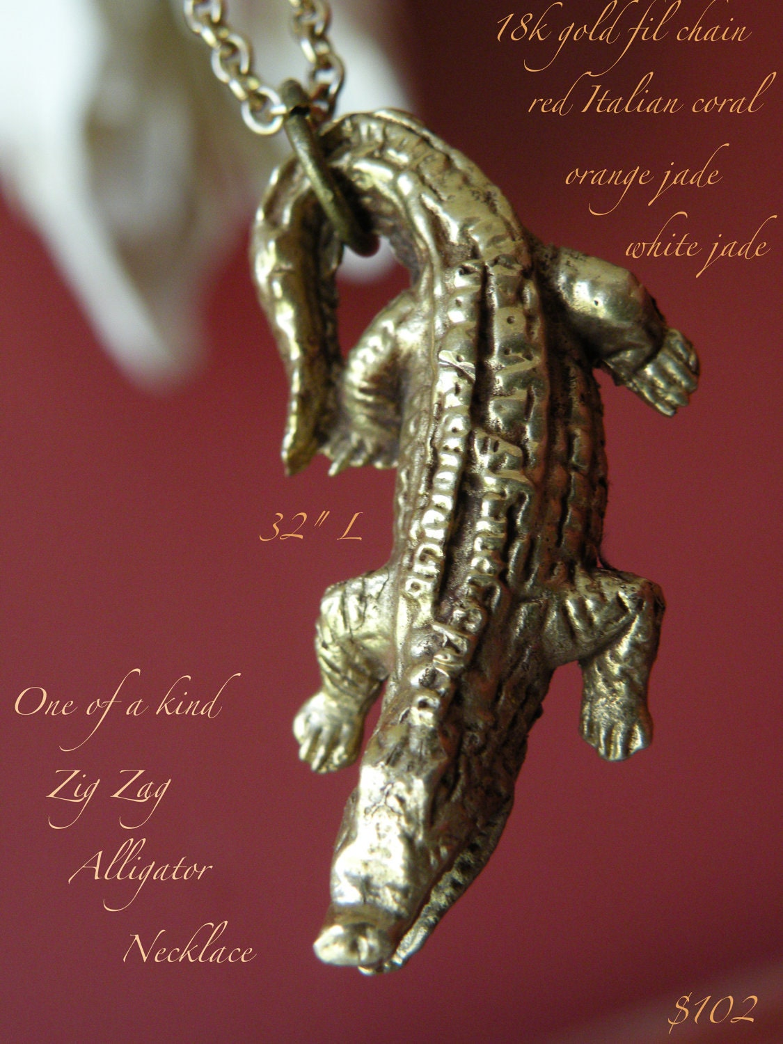 SALE - Zig Zag Brass Alligator Necklace - 18k gold chain - jade - FREE shipping in the USA