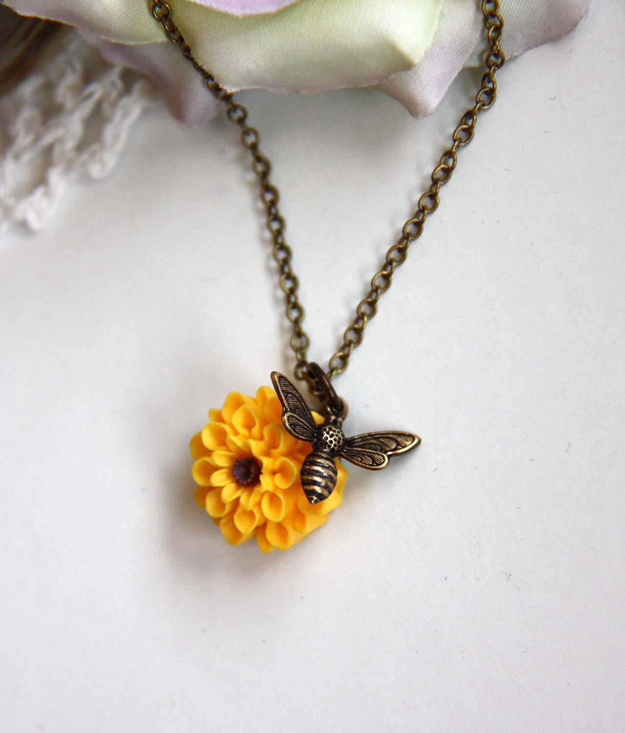 A Tiny Bee Flying Necklace with A Mustard Yellow Dahlia Flower. Bee Lover. Summer Garden Inspired. Nature Inspired. Bridesmaids Gifts.