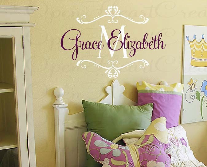 Nursery Wall Decal - Personalized Initial and Name Monogram Vinyl Wall Sticker -  Shabby Chic Heart Accents 22H x 32" FN0257