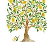 Art Print,The Lemon Tree, Folk Art inspired, print of watercolor painting, green, brown and yellow, limited edition, Mediterranean