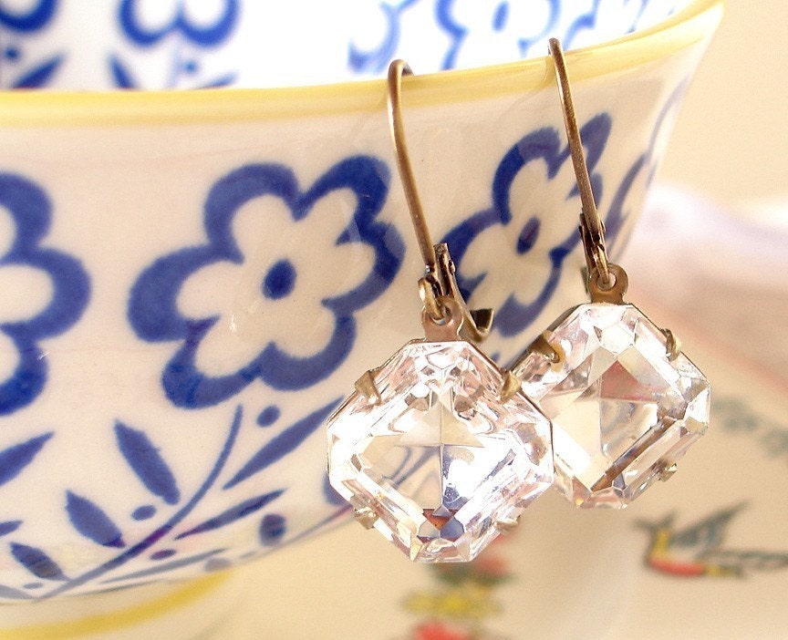 Classic Vintage Crystal Rhinestones Earrings Retro Sparkle Square Octagon