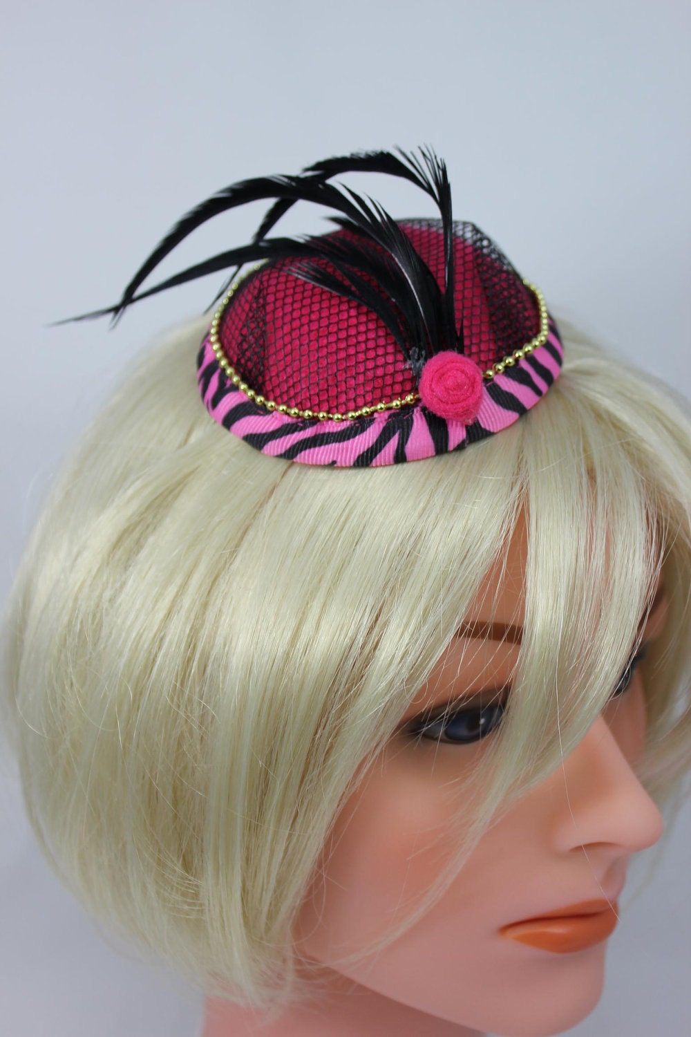 Gabby, button hat, pink, feathers