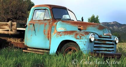 Truck Art - Old Farm Truck - Teal Turquoise Chevy Vintage - 8x15 Panoramic Photograph - Fine Art home Decor