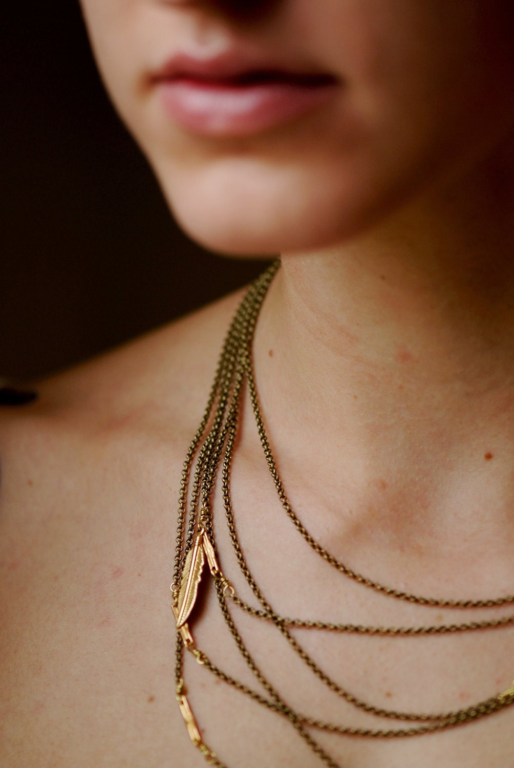 Multi chain necklace with vintage bar links and feather charm 1A25