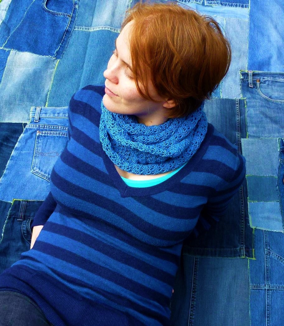 Infinity Scarf, Loop Cowl, Openwork Lace Pattern - Jeans Blue, Sky Blue