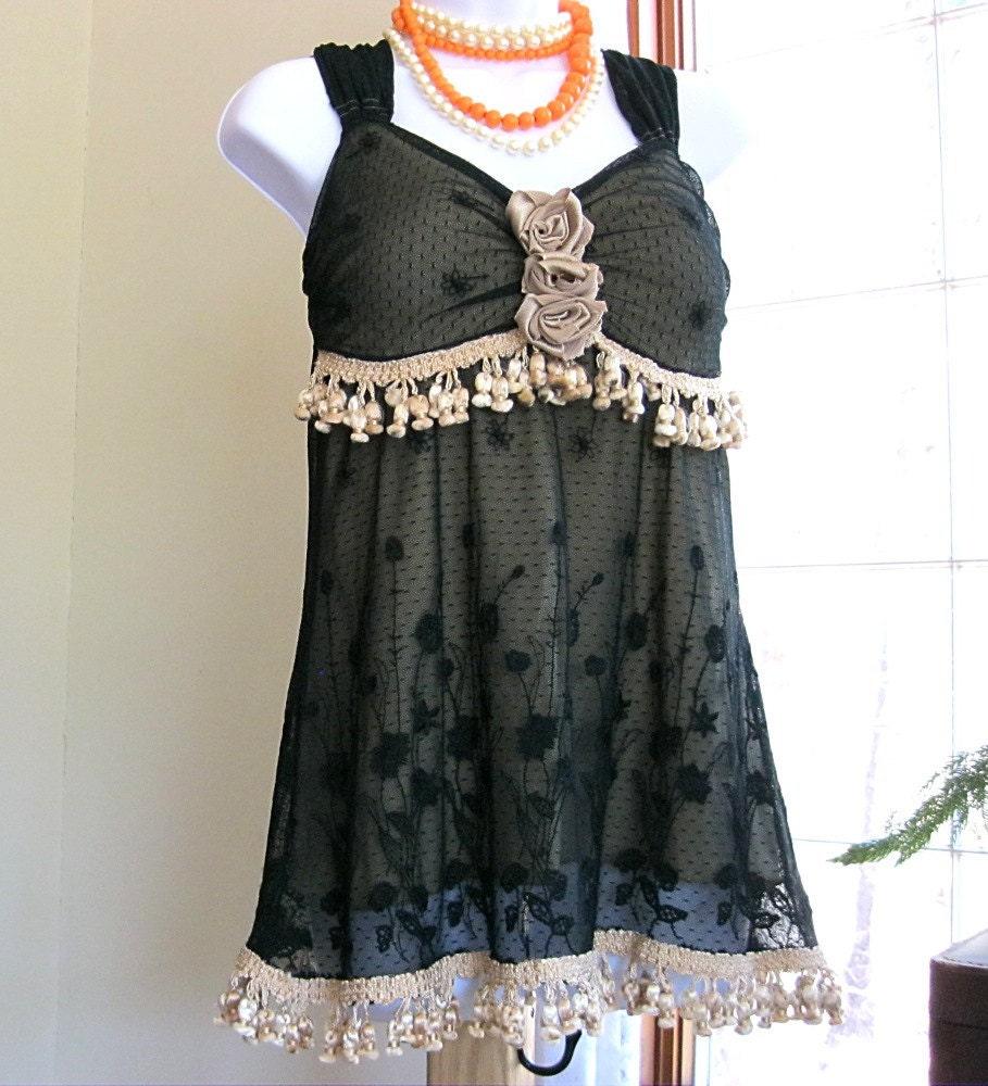JUST FOR STEPHANIE Upcycled black lace bustier style top Bohemian top Black boho gypsy tunic Sleeveless top Women's Small Medium Sm Med