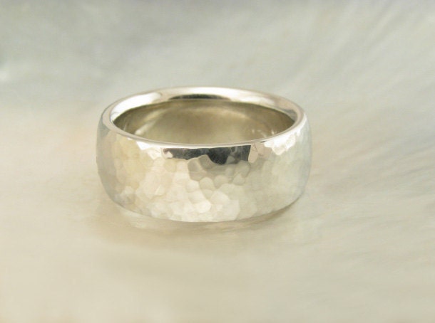 handmade wedding band -- 14k white gold hammered low dome wedding ring, comfort fit