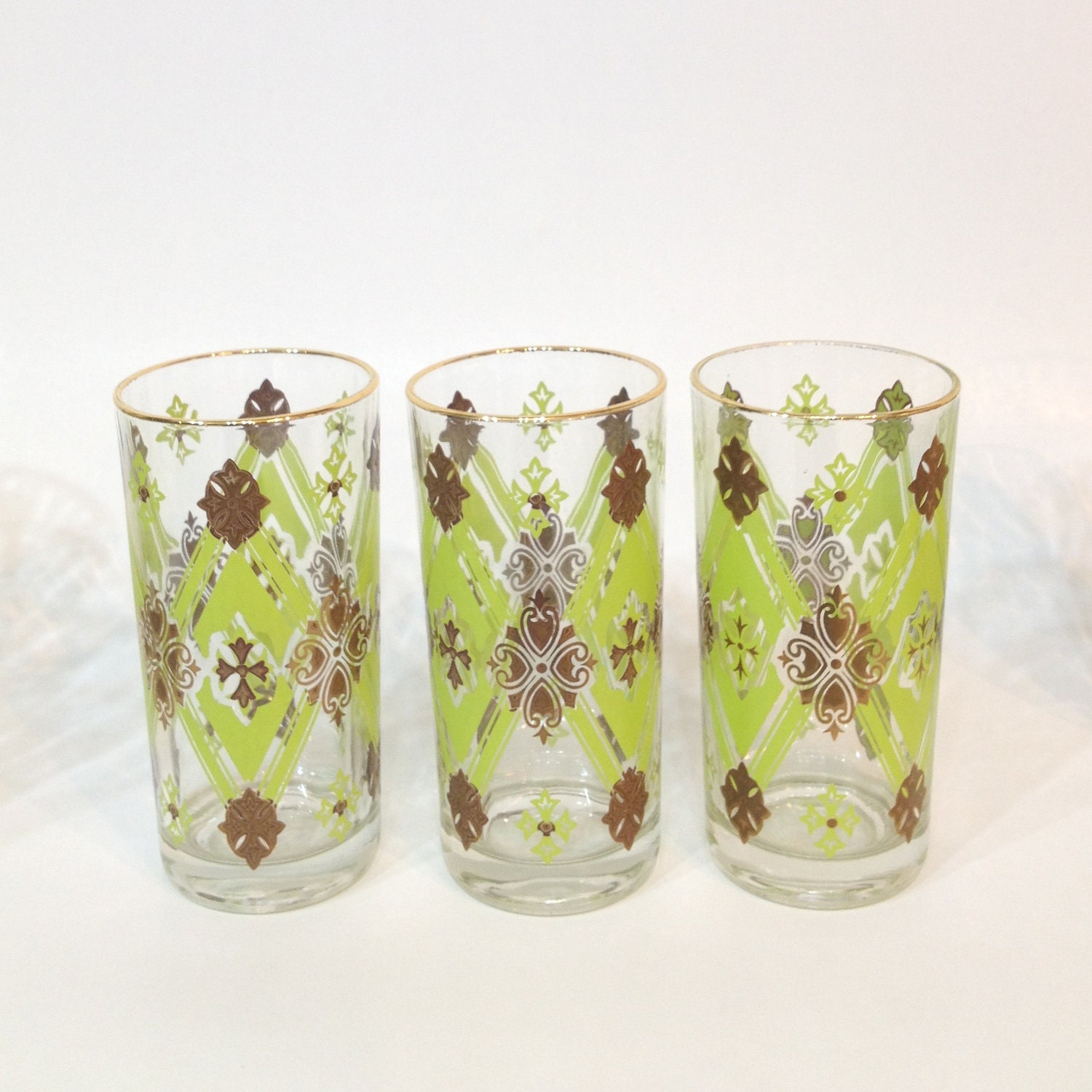 Set of 6 Vintage Glasses Green Brown Gold Drinkware Glassware Diamond Brocade Pattern