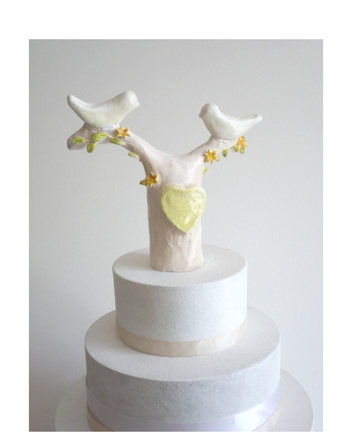 Ready to Ship - Wedding Cake Topper Love Birds on a Tree - Handmade by oenopia
