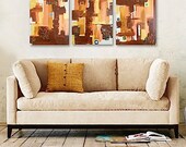 Large Triptych - original abstract paintings - geometric brown metallic copper gold - modern tribal southwest