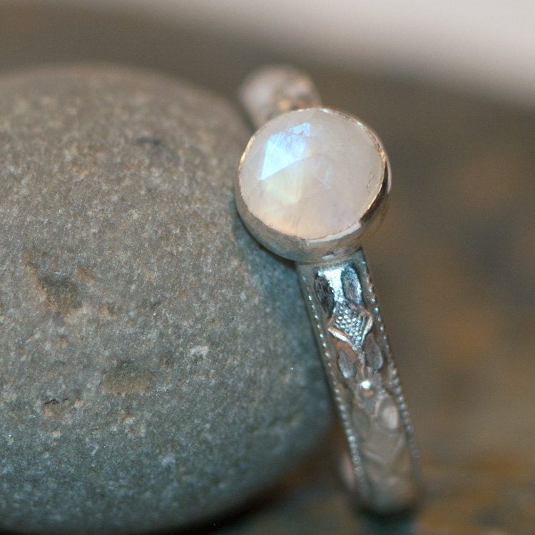 Elegant Rose Cut Rainbow Moonstone, Solitaire Ring, Sterling Silver, Made to order In Your Size, TImeless, Edwardian Inspired
