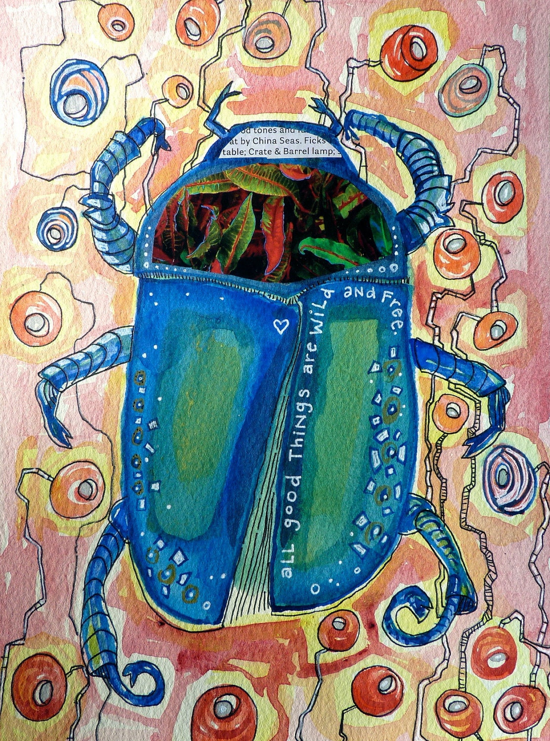 inspirational art, original water color painting, mixed media, painting of beetle, bug,  still life painting, abstract painting, art quote