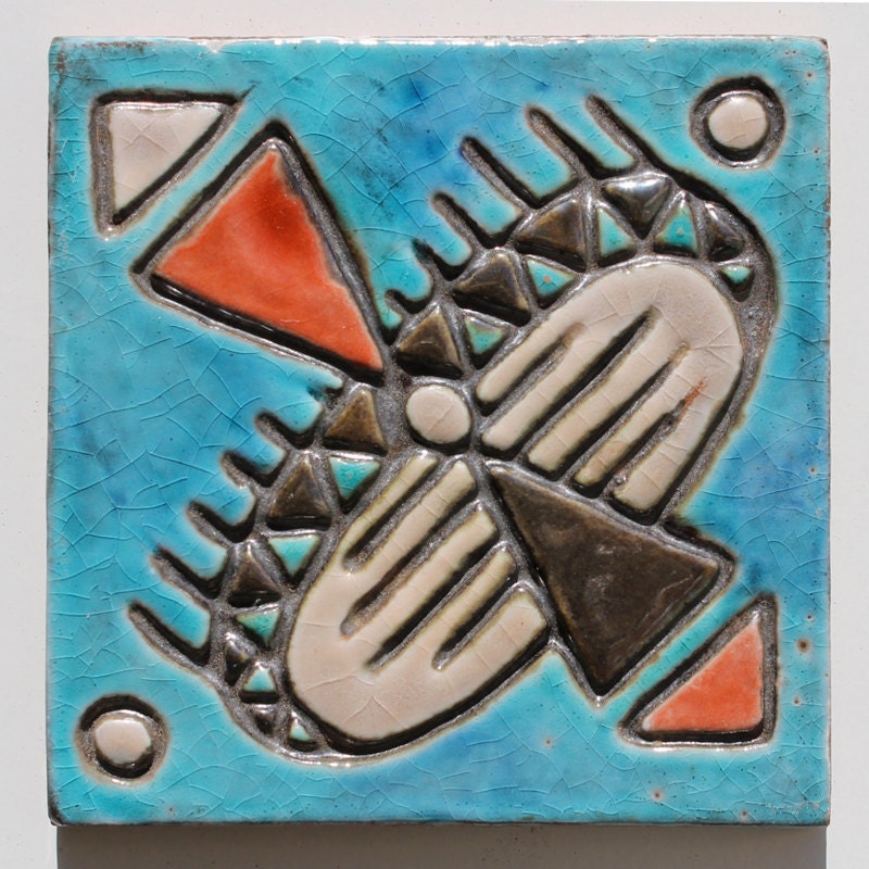 native american tile - colorful trivet - housewares plate - decorative coaster - ceramic - textured - wall art - 'zuni tile 3'