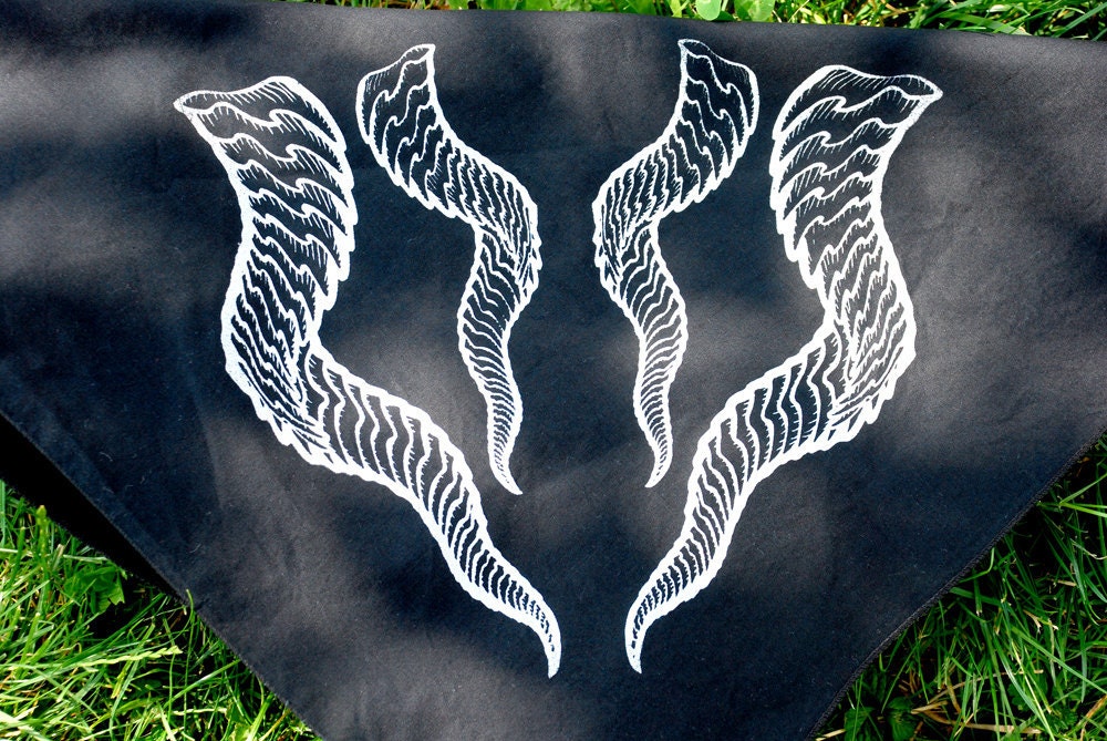 Dragon Horns Bandana - Black Cotton - Silver Ink - Screen Printed