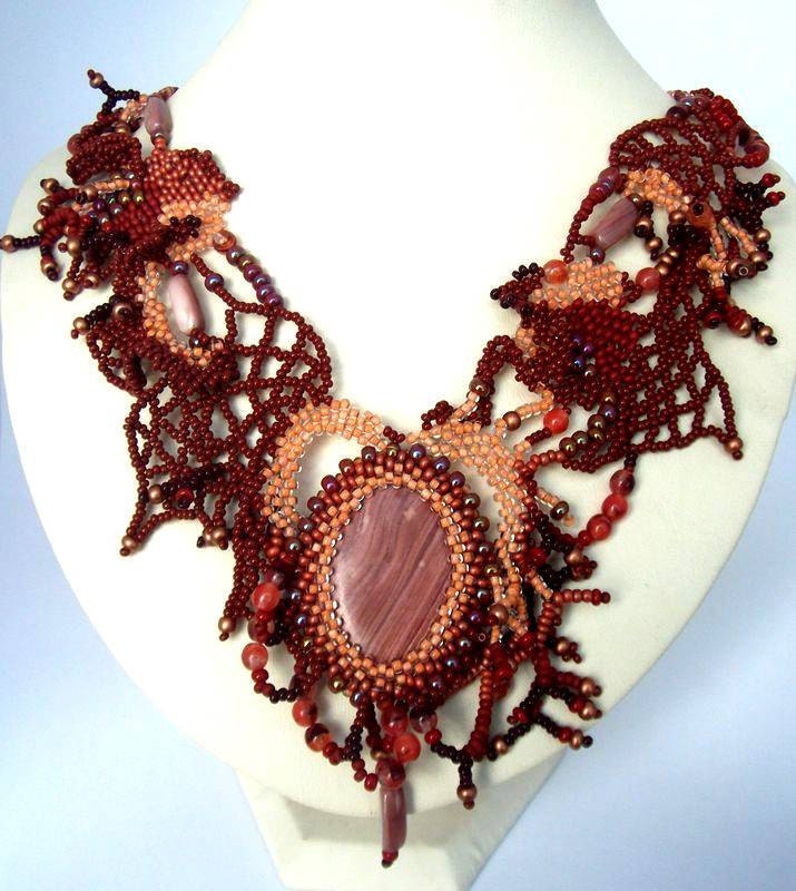 Beadwork necklace, Brown Beaded Art Necklace, Freeform peyote necklace, Seed bead, statement jewelry