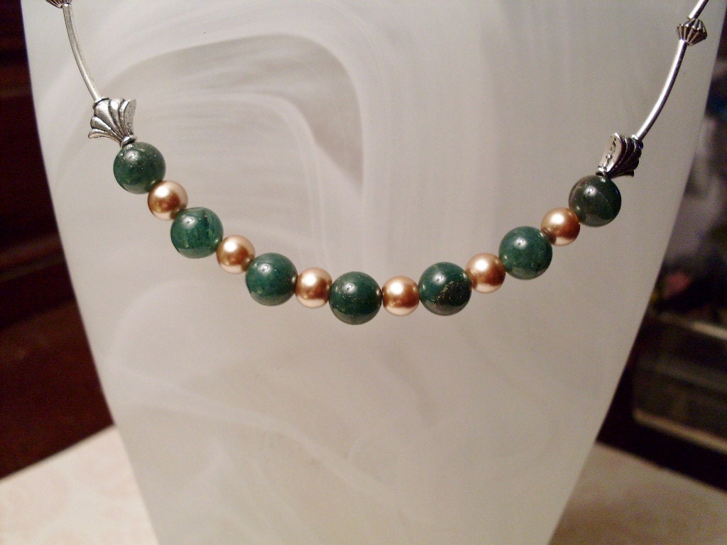 Deep Green Jade with Antique Ivory Pearl Necklace