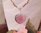 Plum Purple Heart Pendant Necklace with Crystals and Pearls