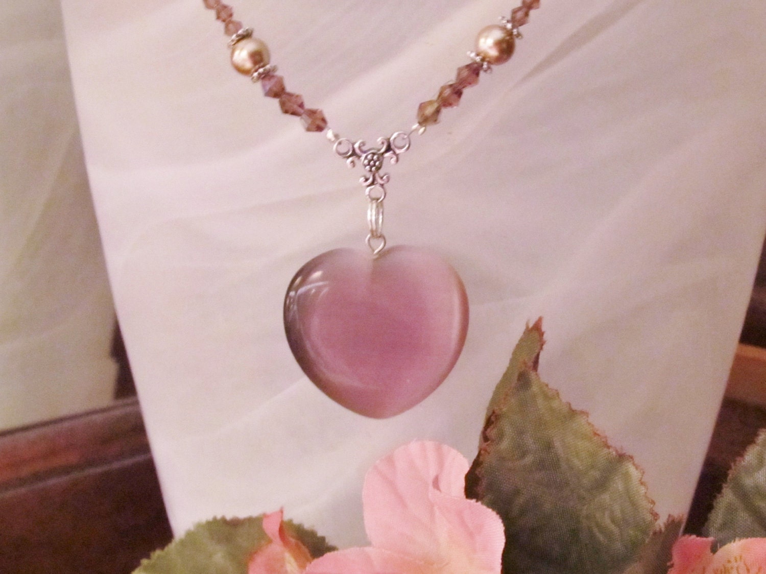 Plum Purple Heart Pendant Necklace with Crystals and Pearls