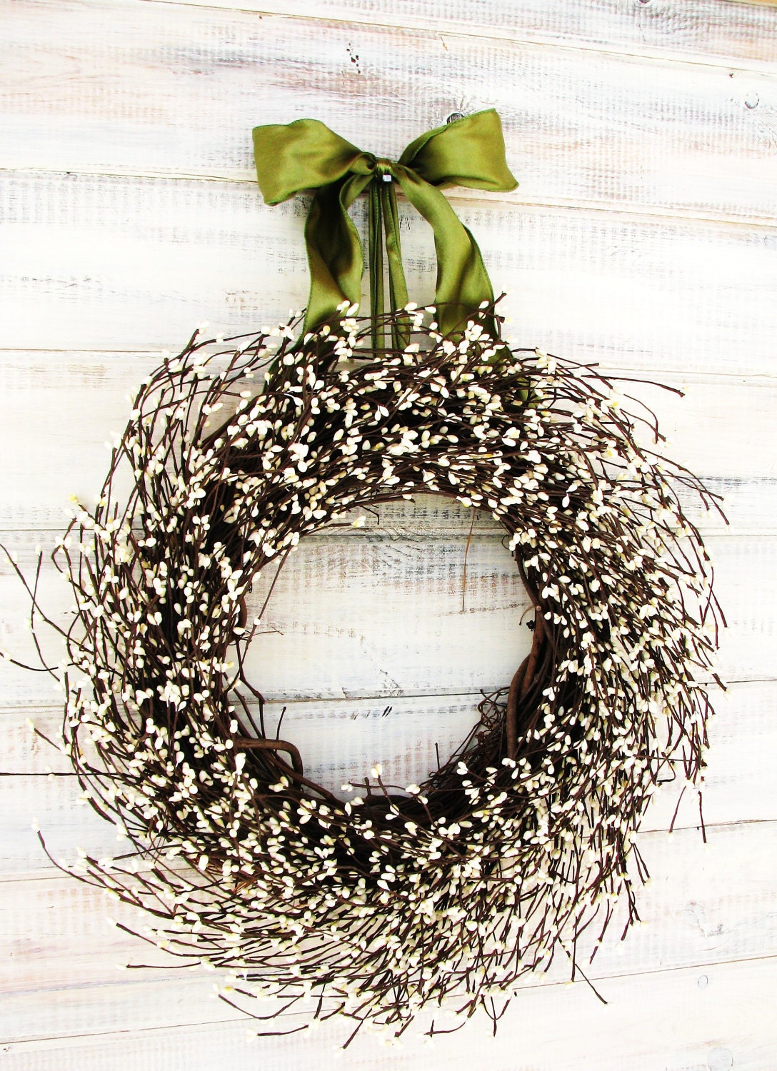 VICTORIAN COUNTRY COTTAGE-Spring Wreath-White Berry Wreath-Rustic Home Decor-Spring Wreath-Scented Vanilla Sugar-Choose Scent & Ribbon Color