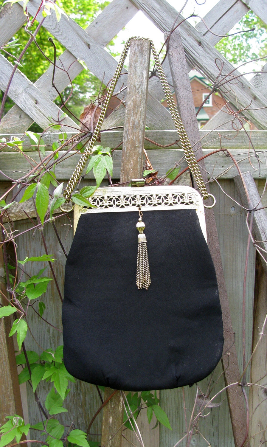 Vintage Black Purse 1960s Art Deco style black and gold with adjustable chain strap