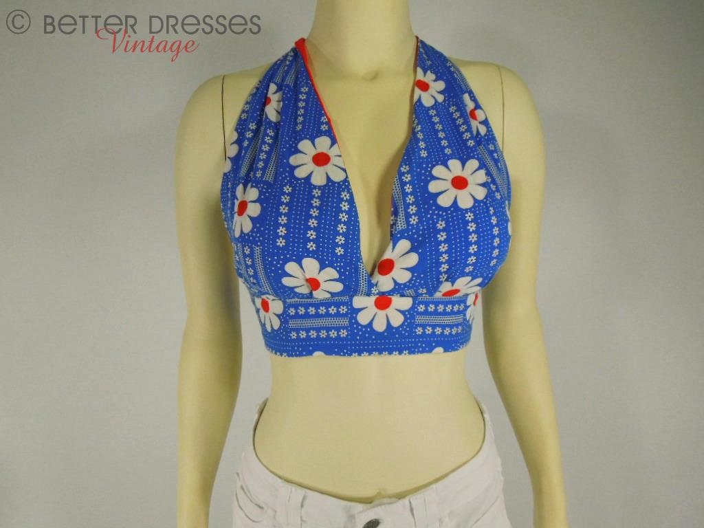 70s Halter Top Red White Blue Daisy Floral - sm, med, lg TREASURY ITEM