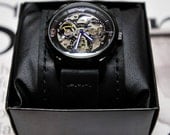 Men's Automatic Skeleton Watch -  SALE  - Worldwide Shipping - Steampunk Monaco Leather - USA Hand Made