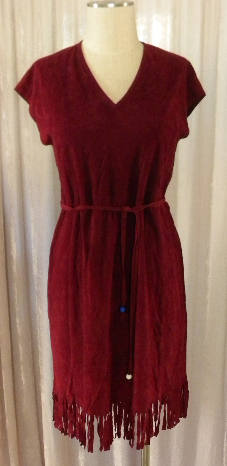 1970s Boho Hippie Natural Faux-Suede Midi Dress w/ Fringe & Beads Size M/L
