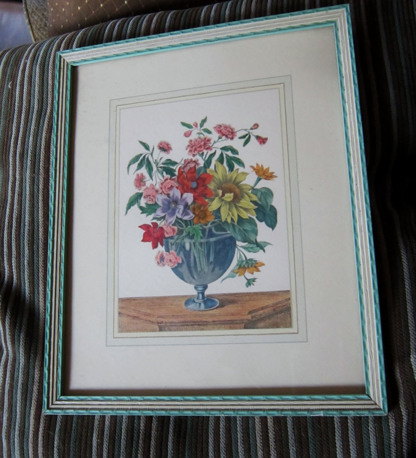 Vintage Floral Print - Mint Frame Retro Art 12" x 10"